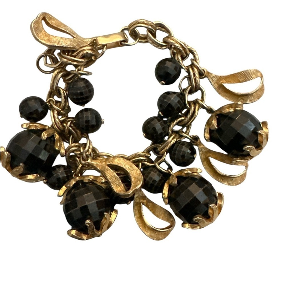 Black Faceted Resin Bead and Gold Bracelet Vintage